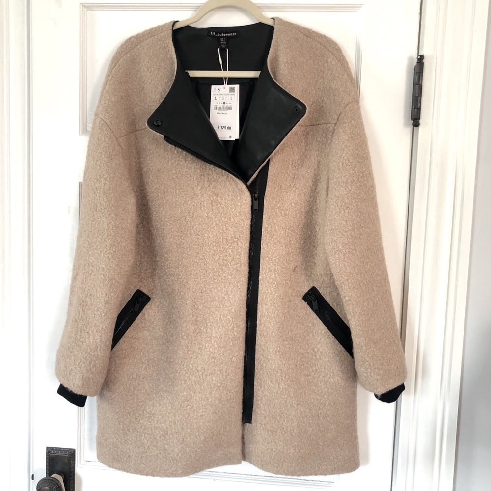 Zara Wool Coat with Faux Leather Trim Sz L
